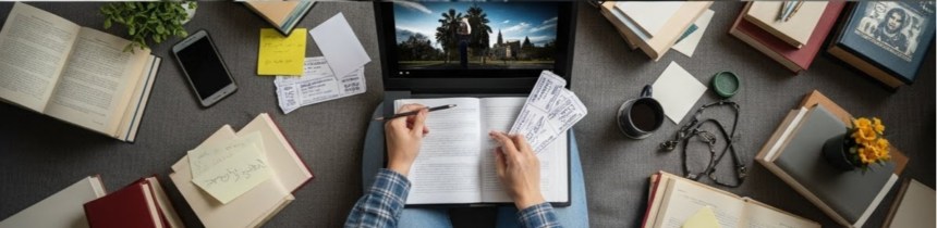 A person surrounded by books, notes, and movie tickets