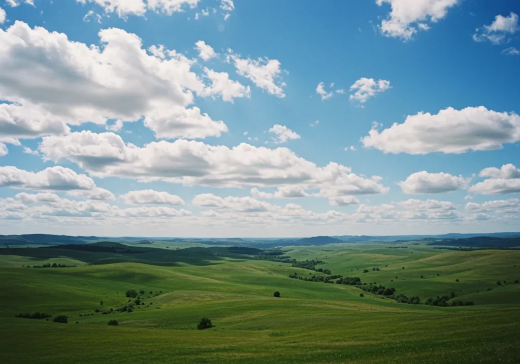 A vast green hill stretches out beneath a clear blue sky, where fluffy white clouds gently drift. A breathtaking natural landscape filled with a sense of openness.