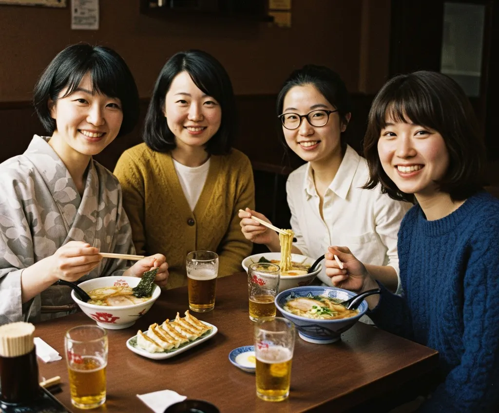 Four women sit around a table, happily enjoying ramen and gyoza. One of them wears a kimono, adding to the nostalgic charm of the warmly lit restaurant. As they sip beer and chat, their laughter fills the air. The scene, set in a Showa-era retro ramen shop, captures a relaxed and joyful moment.