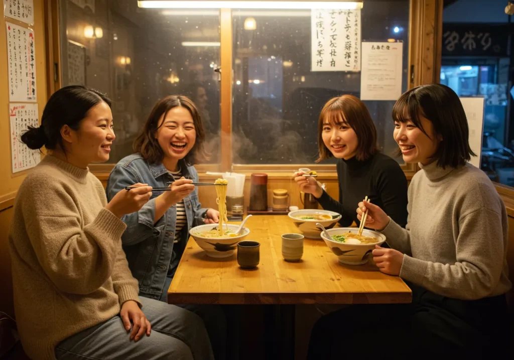 Four women sit around a warm wooden table, enjoying ramen and chatting. The scene captures a relaxed and cheerful atmosphere as they share a meal together.