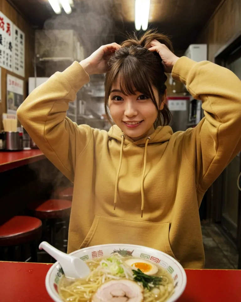 黄色のパーカーを着た女性が、ラーメンを食べる前に髪をまとめる。店内の暖かい光と湯気が心地よい雰囲気を作り出している。