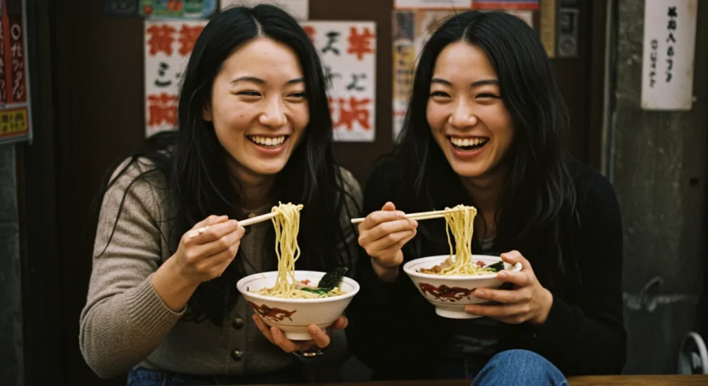 In a Showa-era retro ramen shop, two women laugh joyfully as they enjoy their ramen. The scene captures a warm and lively moment, filled with good food and conversation.