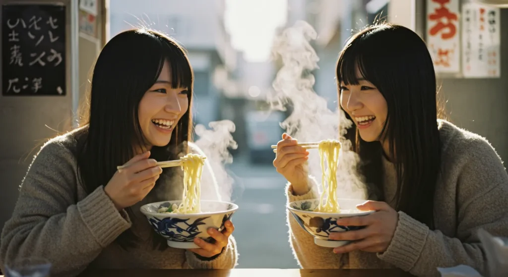 On a cold day with visible breath in the air, two women in knitted sweaters smile at each other while enjoying steaming bowls of ramen.