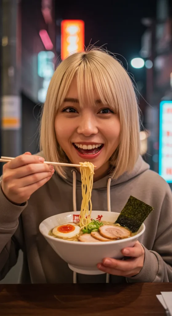 Against the backdrop of neon lights in the nighttime city, a blonde woman enjoys her ramen while flashing a smile at the camera. The warmth of the ramen and her cheerful expression create a striking impression.