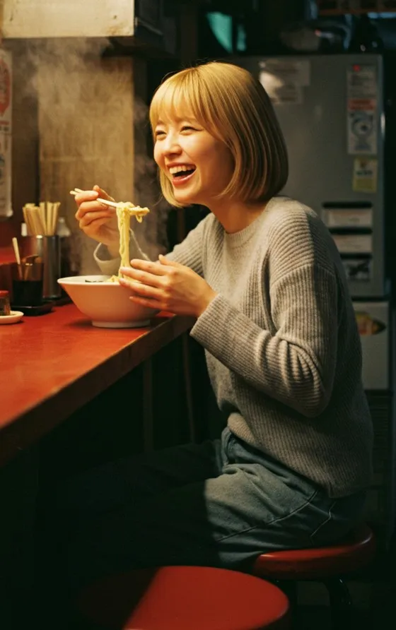 At a ramen shop counter illuminated by warm lighting, a blonde woman laughs happily while enjoying her ramen. The interior exudes a nostalgic Showa-era charm.