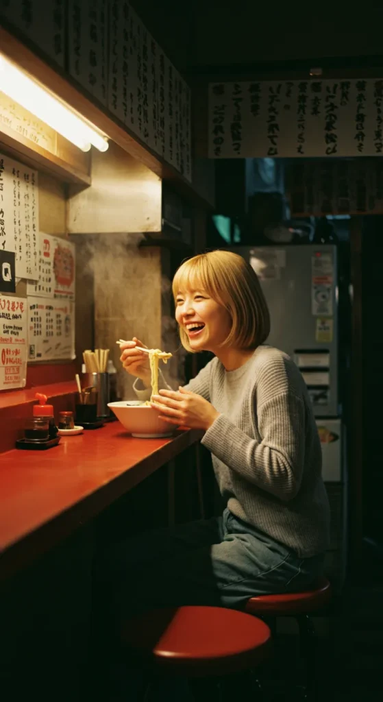 At the counter of a ramen shop illuminated by warm lighting, a blonde woman laughs joyfully while eating her ramen. The interior exudes a nostalgic Showa-era atmosphere.