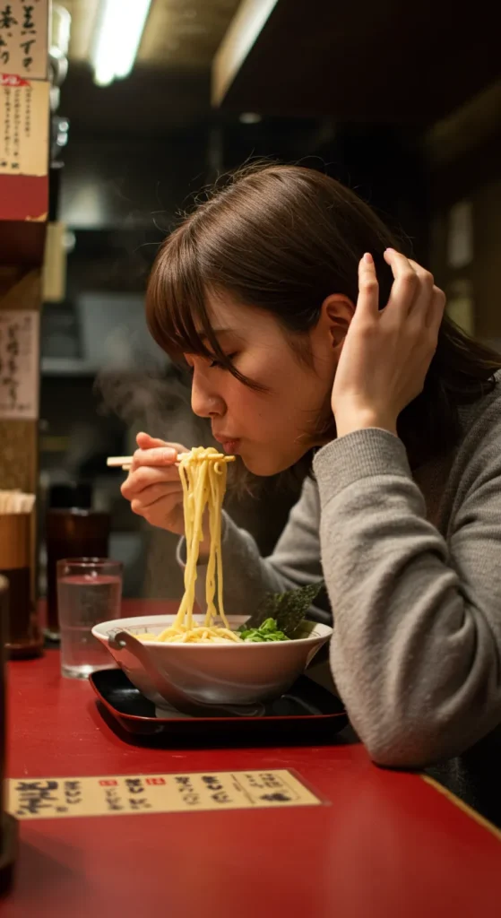 A woman in a gray cardigan sits at the counter, slurping her ramen. The rising steam from the bowl and the calm ambiance of the restaurant create a memorable scene.