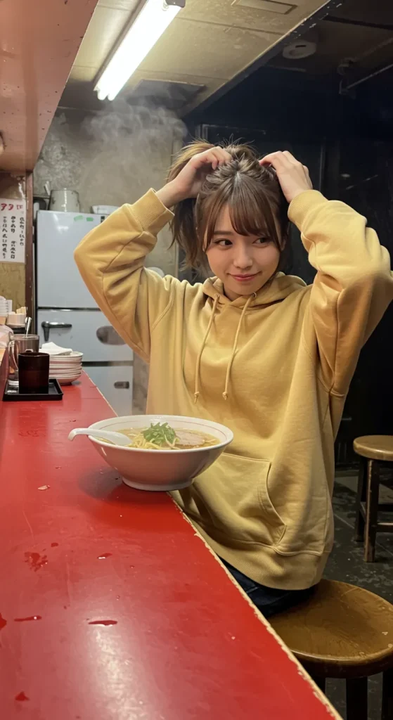 A woman in a yellow hoodie smiles as she ties her hair before enjoying her ramen. In a traditional ramen shop filled with rising steam, she savors a warm and comforting moment.