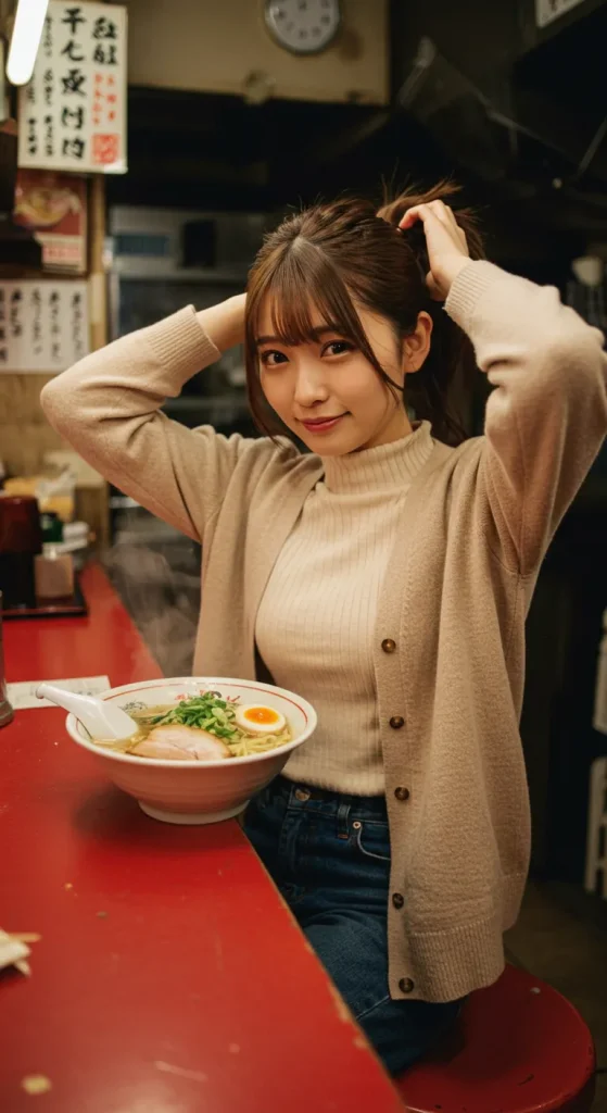 A woman in a beige cardigan looks into the camera as she prepares to tie her hair before enjoying her ramen. Seated at the counter of a cozy ramen shop, she exudes a warm and inviting presence.