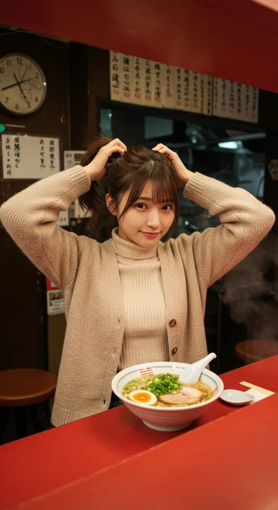 A woman in a beige turtleneck sits at a red counter, smiling as she ties her hair. The menu on the wall and the clock evoke a nostalgic Showa-era atmosphere.