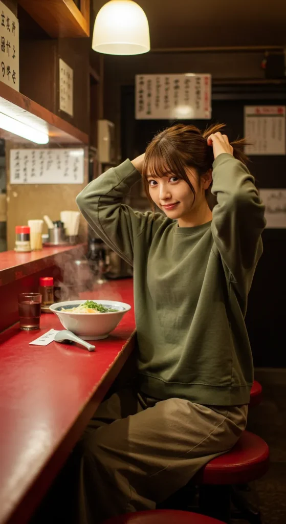 A woman in a deep green sweatshirt sits at a red counter, tying her hair with a relaxed smile. In front of her is a steaming bowl of ramen.