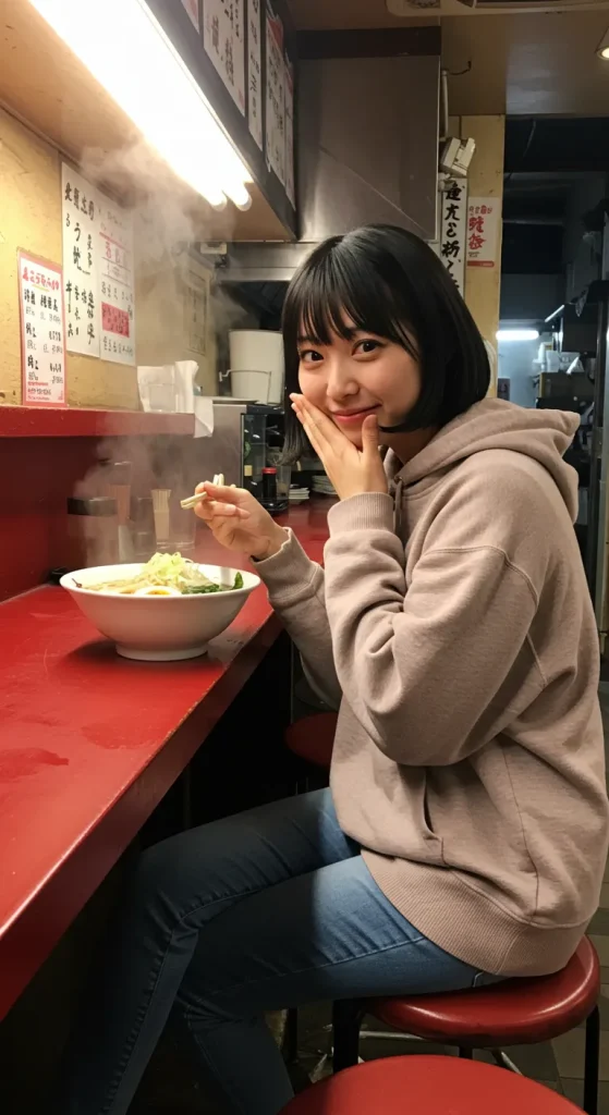 A short-haired woman in a hooded beige hoodie sits in front of a bowl of ramen, covering her mouth with one hand, showing a surprised expression.