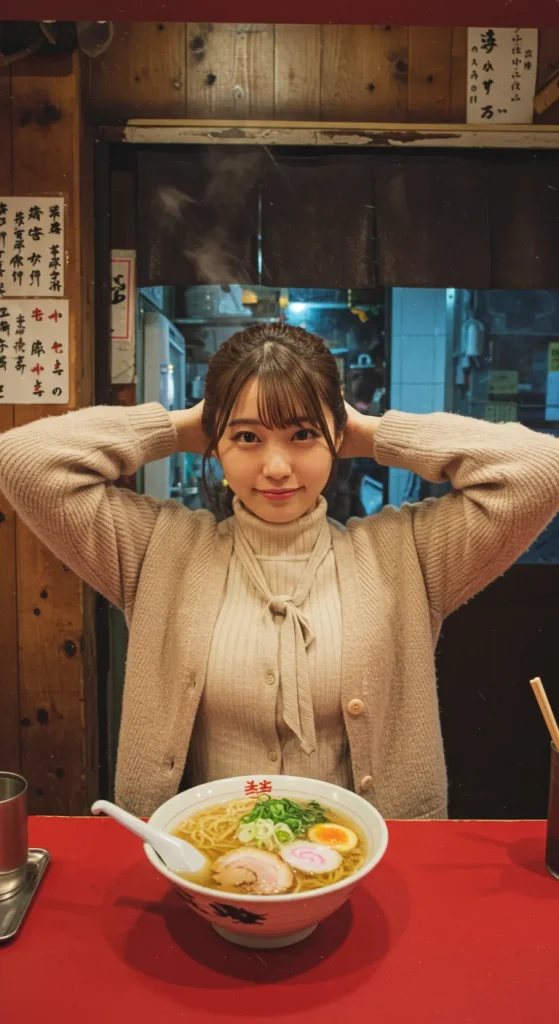 In a retro-style ramen shop, a woman wearing a beige turtleneck and cardigan ties her hair. The wooden walls and noren curtains create a nostalgic Showa-era atmosphere.