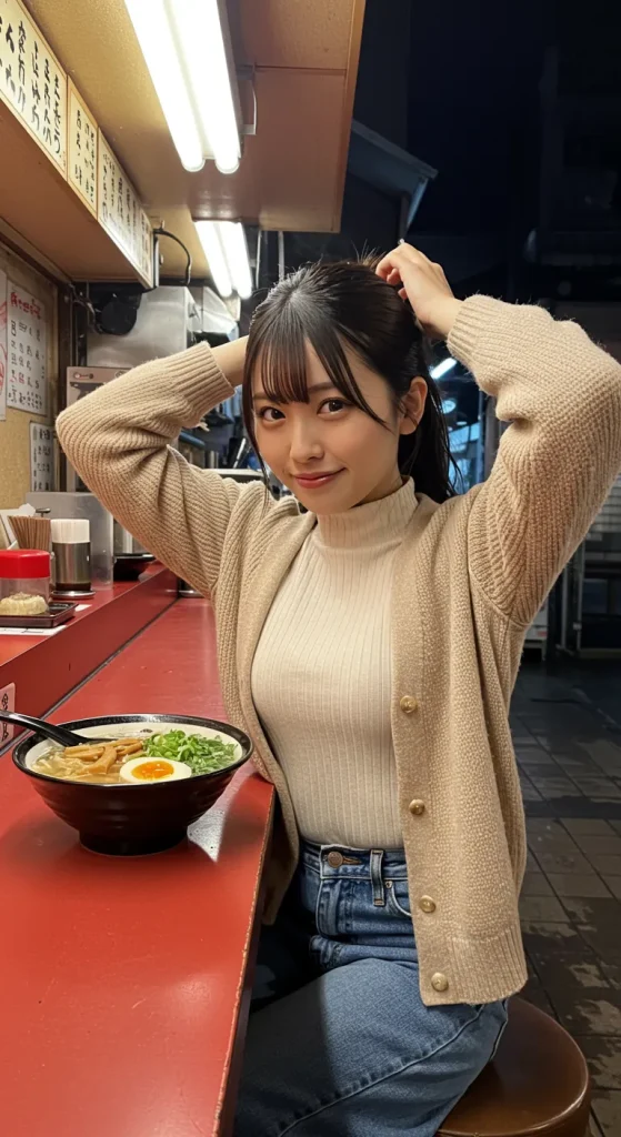 A woman in a beige cardigan and denim sits at the counter, smiling as she ties her hair. The rising steam from the ramen adds to the warm and inviting atmosphere.