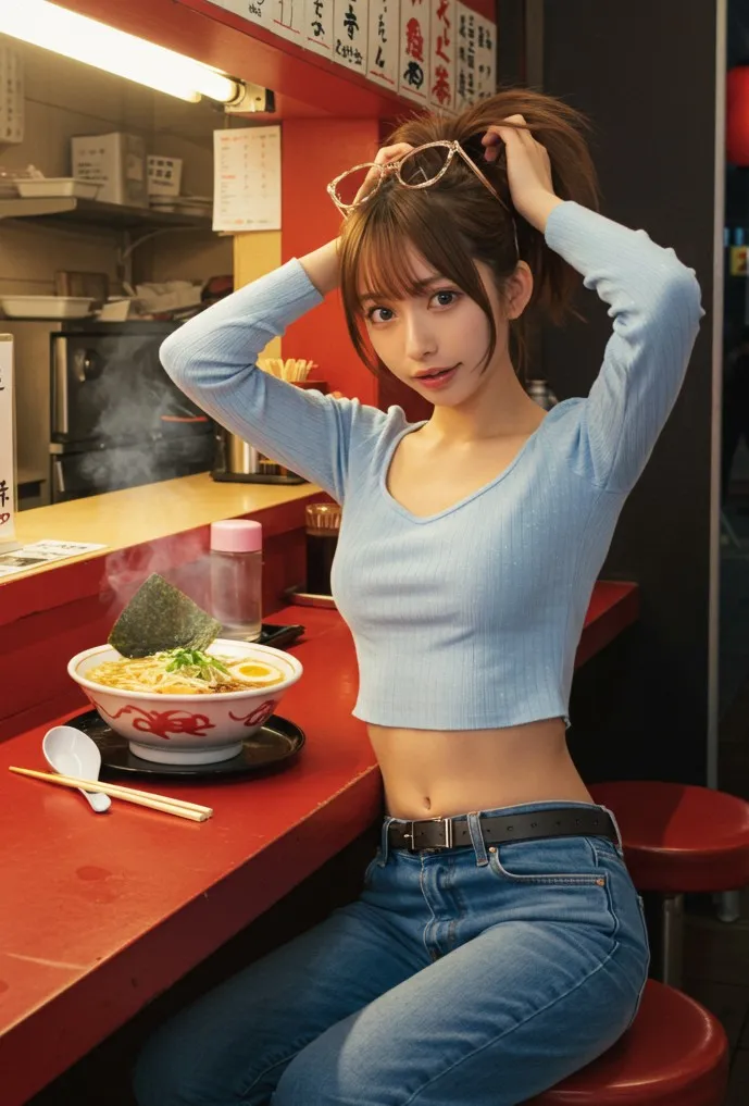 A woman in a light blue top and jeans sits at a red counter, tying her hair while gazing into the camera. In front of her, a steaming bowl of ramen adds to the warm atmosphere.