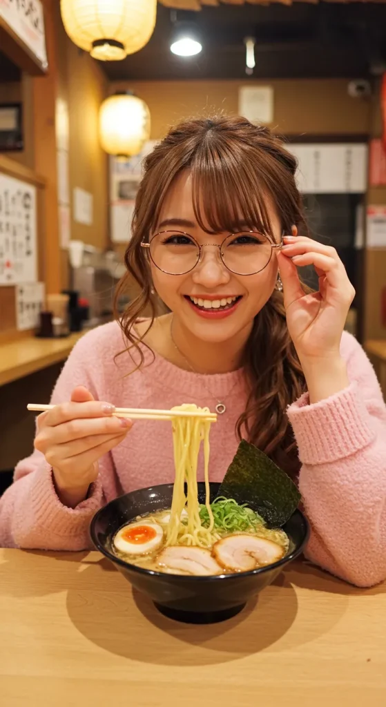 A woman in a pink sweater and glasses lifts her ramen with a cheerful smile. The warm lighting of the restaurant creates a cozy and inviting atmosphere.