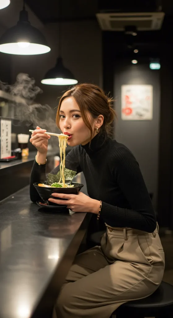 A woman in a black turtleneck and beige pants elegantly enjoys her ramen in a modernly lit restaurant. The rising steam adds to the warm and tranquil atmosphere.