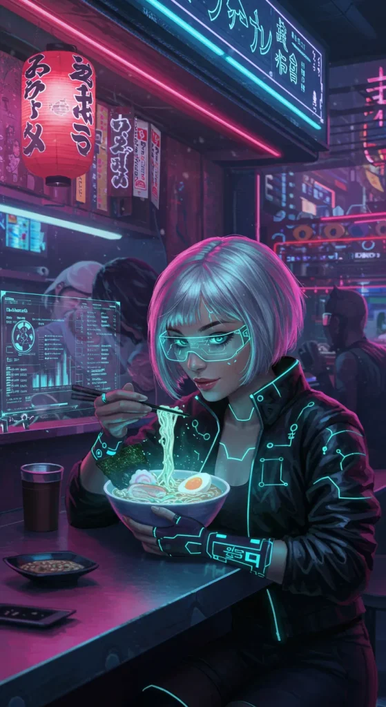 In a futuristic food stall illuminated by neon lights, a woman wearing high-tech goggles enjoys a bowl of ramen. Floating digital interfaces enhance the sci-fi atmosphere, creating a world straight out of a cyberpunk vision.