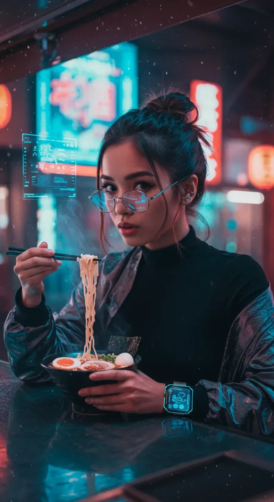 Surrounded by the neon lights of a futuristic city, a woman enjoys a bowl of ramen as floating digital interfaces illuminate the scene. Her mechanical wristwatch and transparent AR glasses add to the high-tech aesthetic.