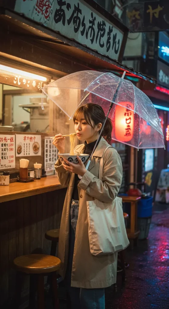 A woman sits at a food stall counter, eating ramen while holding a transparent umbrella. The neon lights of the rain-soaked city glow around her as warm steam rises from the bowl.