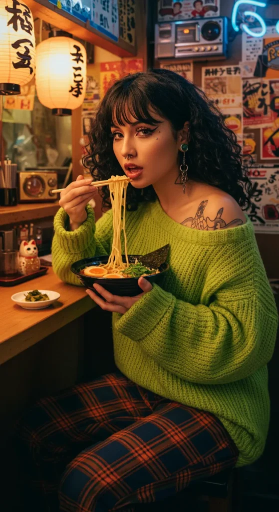 A woman wearing a green knit sweater and checkered pants enjoys ramen in a shop adorned with retro posters and lanterns. Her tattoos and piercings add a distinctive touch to her look.