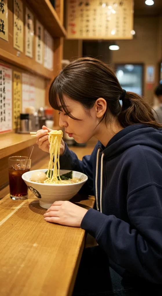 A woman in a navy hoodie sits at a wooden counter, slurping her ramen. In the calm and cozy atmosphere of the restaurant, she takes her time savoring each bite.