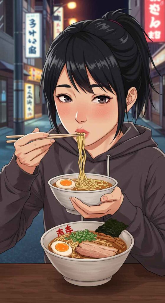 Against the backdrop of a nighttime city, a black-haired woman in a hoodie enjoys a bowl of ramen in an anime-style illustration. The contrast between the realistically depicted ramen and the softly drawn character is particularly striking.