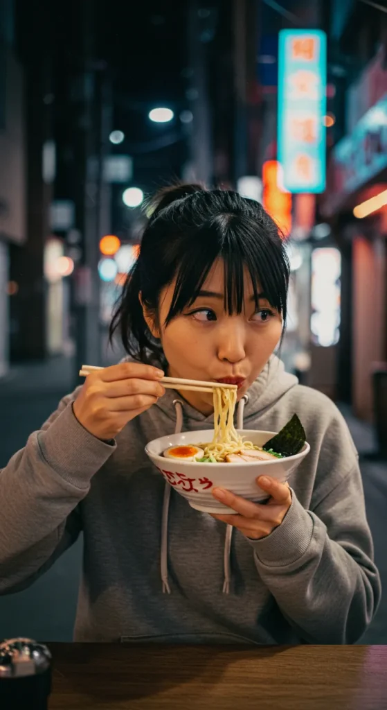 At a food stall in the illuminated nighttime city, a woman in a hooded hoodie slurps her ramen. The steaming bowl perfectly complements the chilly night, creating a cozy and inviting atmosphere.